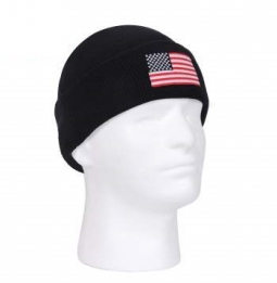 Black Winter Watch Cap with Embroidered USA Flag